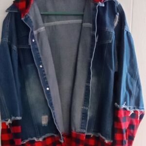 Unbranded Men's Blue Denim Jacket with Red Plaid Trim